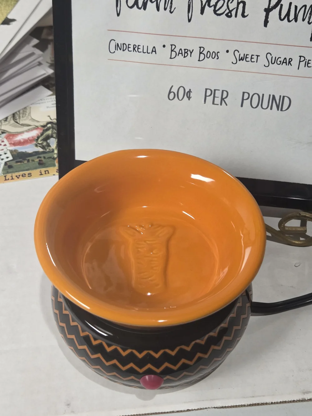 Pink Zebra Orange & Black Halloween Ceramic Warmer - Bat and Chevron Design